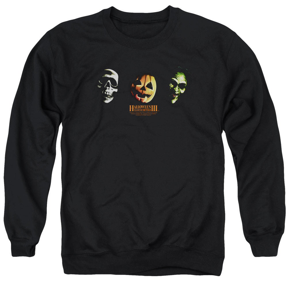 AN OFFCIALLY LICENSED HALLOWEEN III THREE MASKS ADULT UNISEX CREWNECK SWEATSHIRT BLACK