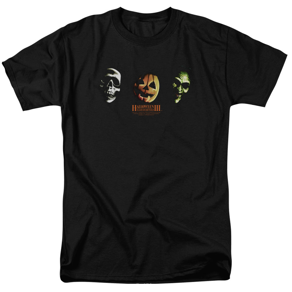 AN OFFCIALLY LICENSED HALLOWEEN III THREE MASKS MEN'S REGULAR FIT T-SHIRT BLACK