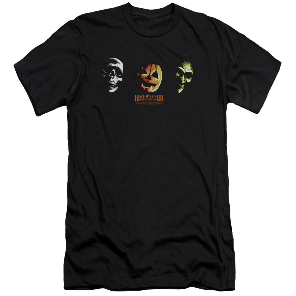 AN OFFCIALLY LICENSED HALLOWEEN III THREE MASKS MEN'S PREMIUM SLIM FIT T-SHIRT BLACK