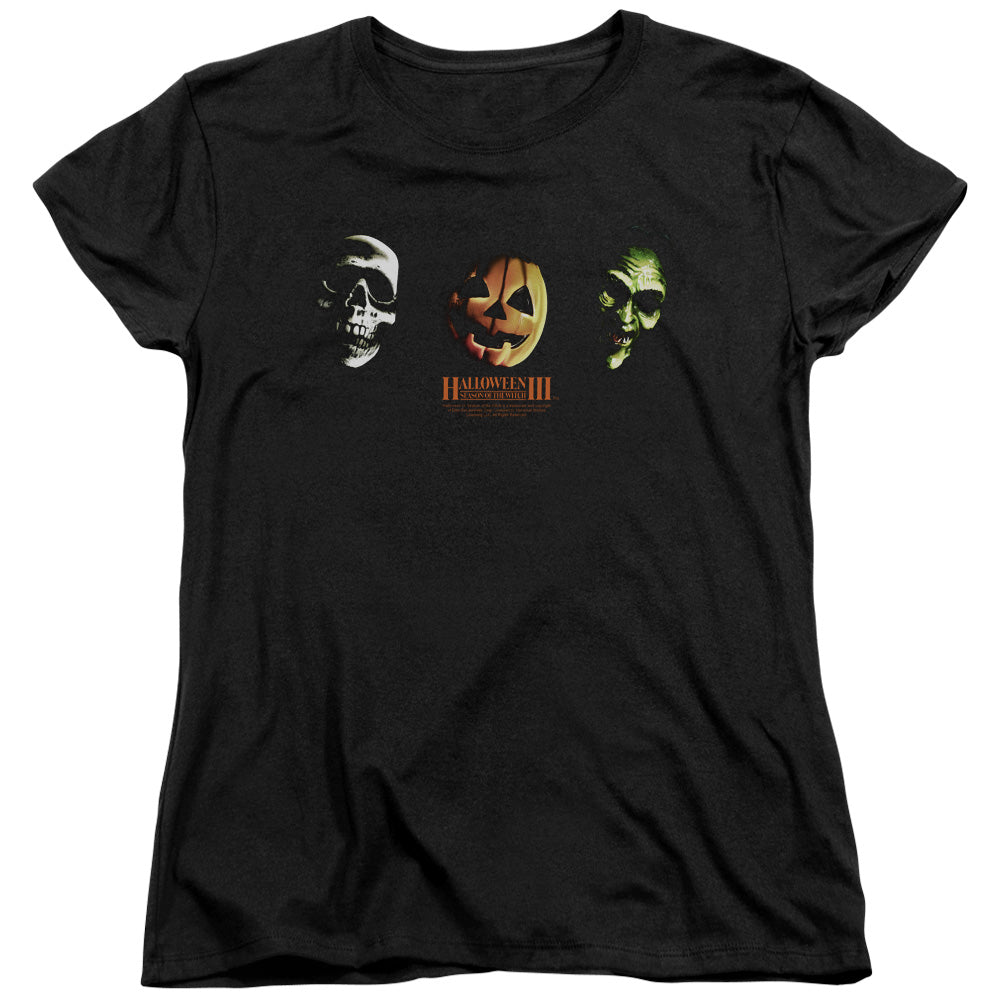 AN OFFCIALLY LICENSED HALLOWEEN III THREE MASKS WOMEN'S REGULAR FIT T-SHIRT BLACK