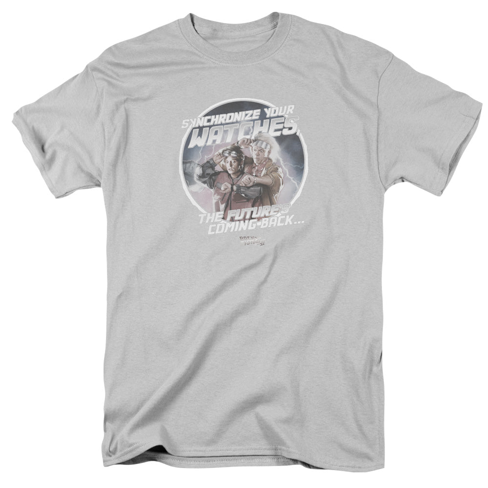 AN OFFCIALLY LICENSED BACK TO THE FUTURE II SYNCHRONIZE WATCHES MEN'S REGULAR FIT T-SHIRT SILVER