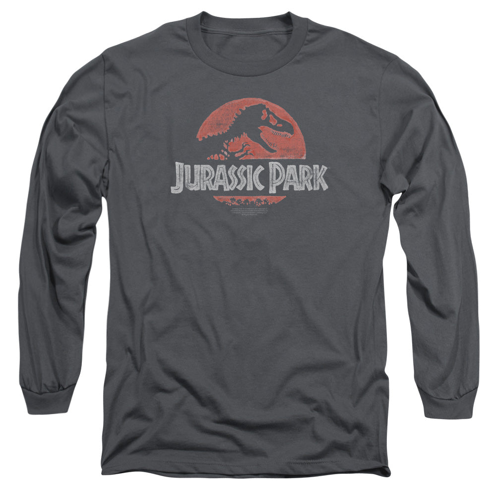 AN OFFCIALLY LICENSED JURASSIC PARK FADED LOGO MEN'S LONG SLEEVE T-SHIRT CHARCOAL