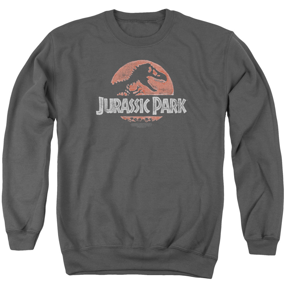 AN OFFCIALLY LICENSED JURASSIC PARK FADED LOGO ADULT UNISEX CREWNECK SWEATSHIRT CHARCOAL