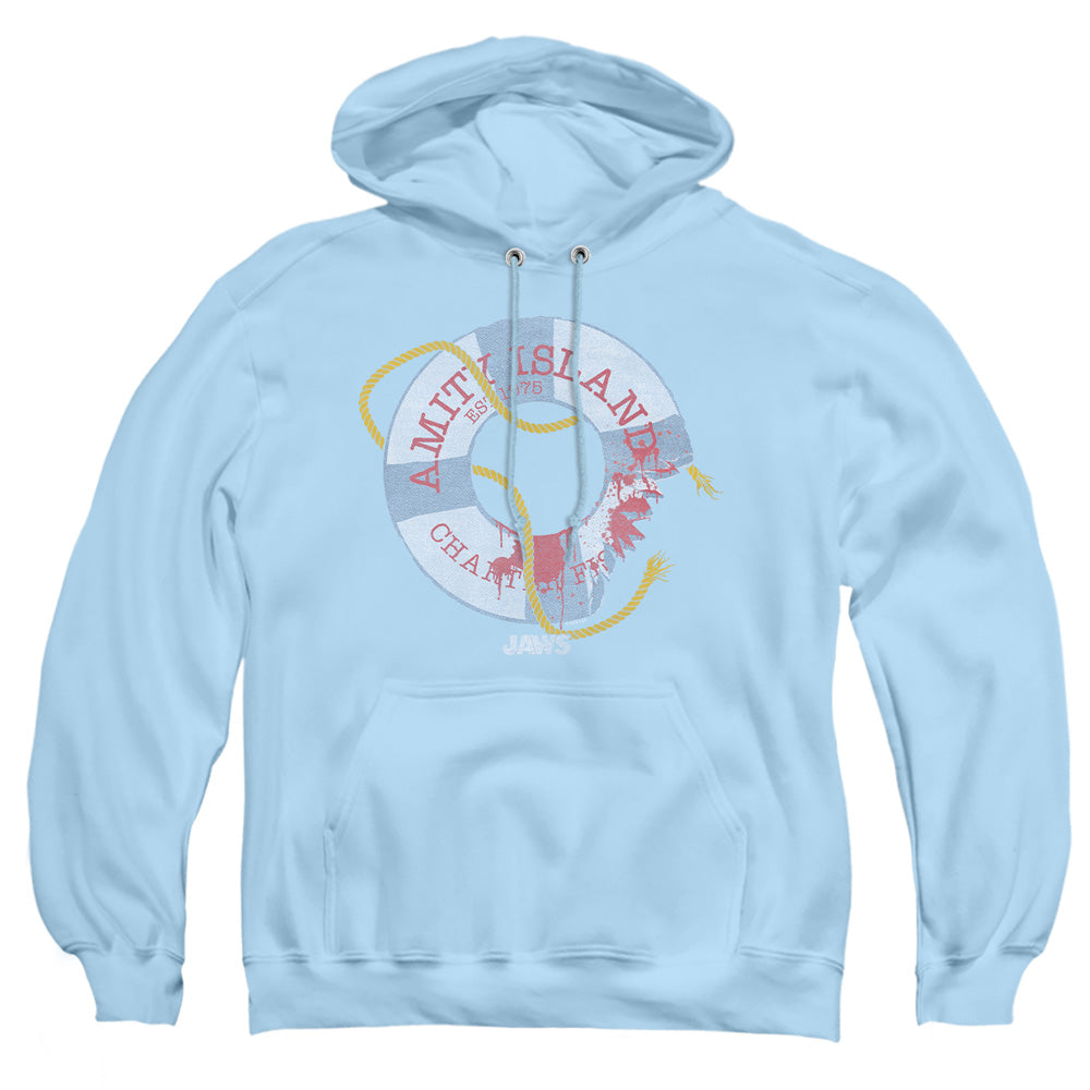 AN OFFCIALLY LICENSED JAWS LIFE PRESERVER ADULT UNISEX PULLOVER HOODIE LIGHT BLUE
