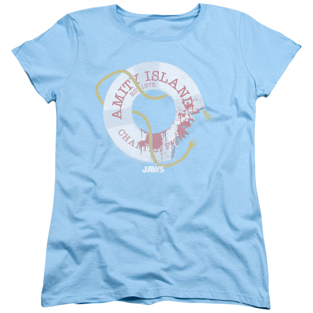 AN OFFCIALLY LICENSED JAWS LIFE PRESERVER WOMEN'S REGULAR FIT T-SHIRT LIGHT BLUE