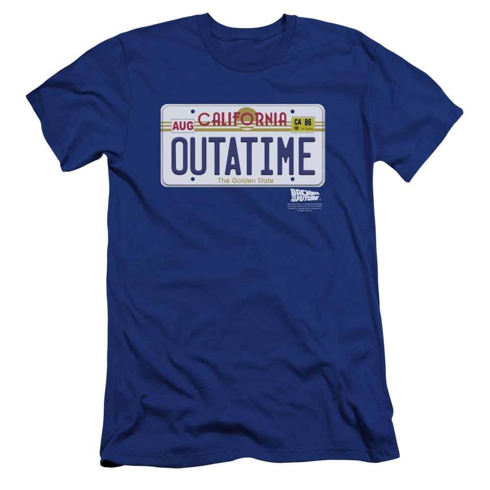 AN OFFCIALLY LICENSED BACK TO THE FUTURE OUTATIME PLATE MEN'S PREMIUM SLIM FIT T-SHIRT ROYAL