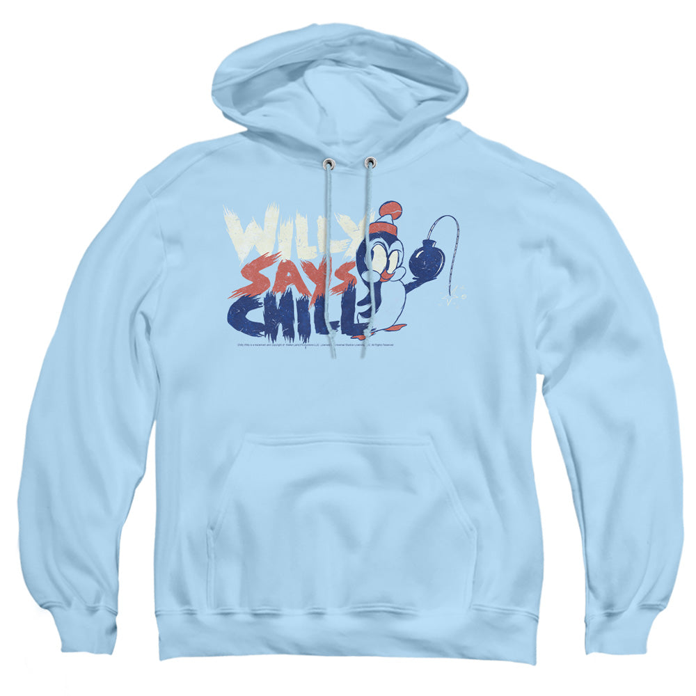 AN OFFCIALLY LICENSED CHILLY WILLY I SAY CHILL ADULT UNISEX PULLOVER HOODIE LIGHT BLUE