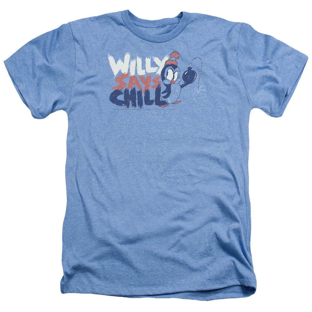 AN OFFCIALLY LICENSED CHILLY WILLY I SAY CHILL MEN'S HEATHER T-SHIRT LIGHT BLUE