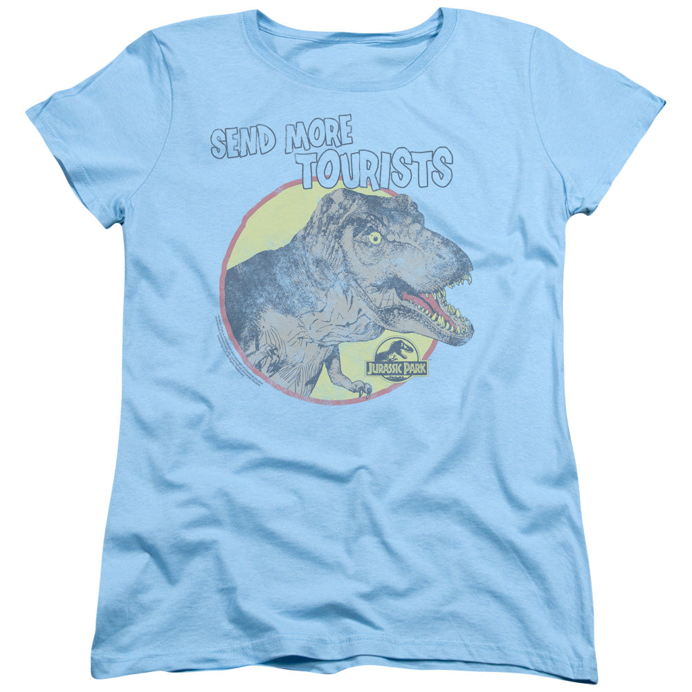 AN OFFCIALLY LICENSED JURASSIC PARK MORE TOURIST WOMEN'S REGULAR FIT T-SHIRT LIGHT BLUE