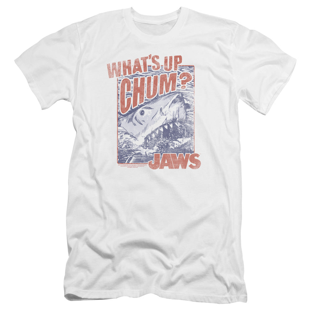 AN OFFCIALLY LICENSED JAWS CHUM MEN'S PREMIUM SLIM FIT T-SHIRT WHITE