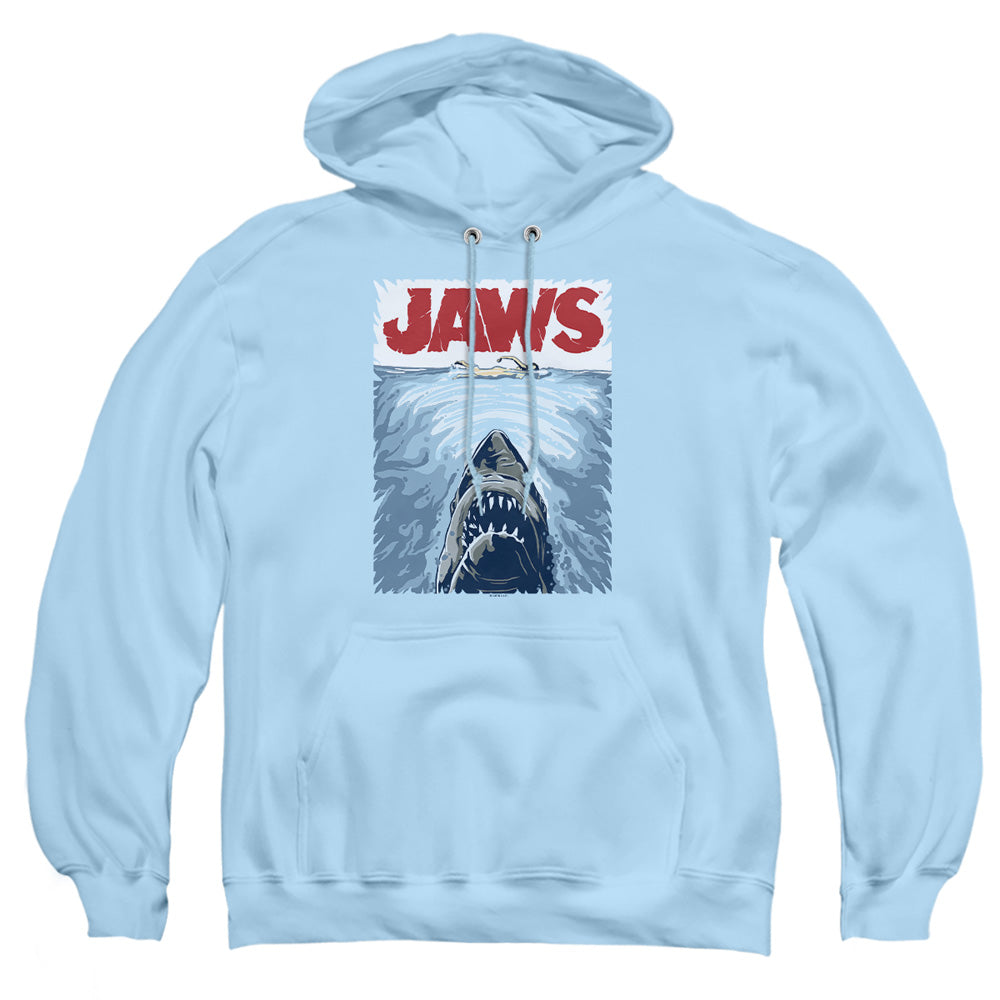 AN OFFCIALLY LICENSED JAWS GRAPHIC POSTER ADULT UNISEX PULLOVER HOODIE LIGHT BLUE