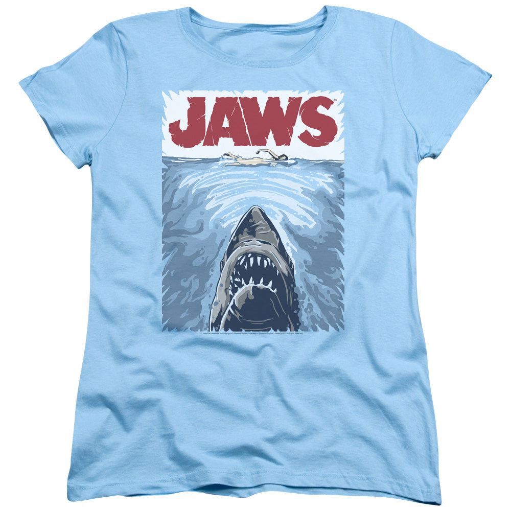 AN OFFCIALLY LICENSED JAWS GRAPHIC POSTER WOMEN'S REGULAR FIT T-SHIRT LIGHT BLUE