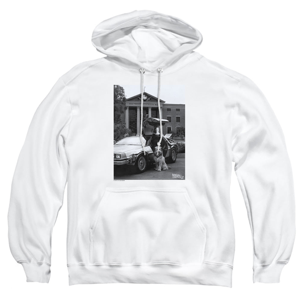 AN OFFCIALLY LICENSED BACK TO THE FUTURE II EINSTEIN ADULT UNISEX PULLOVER HOODIE WHITE