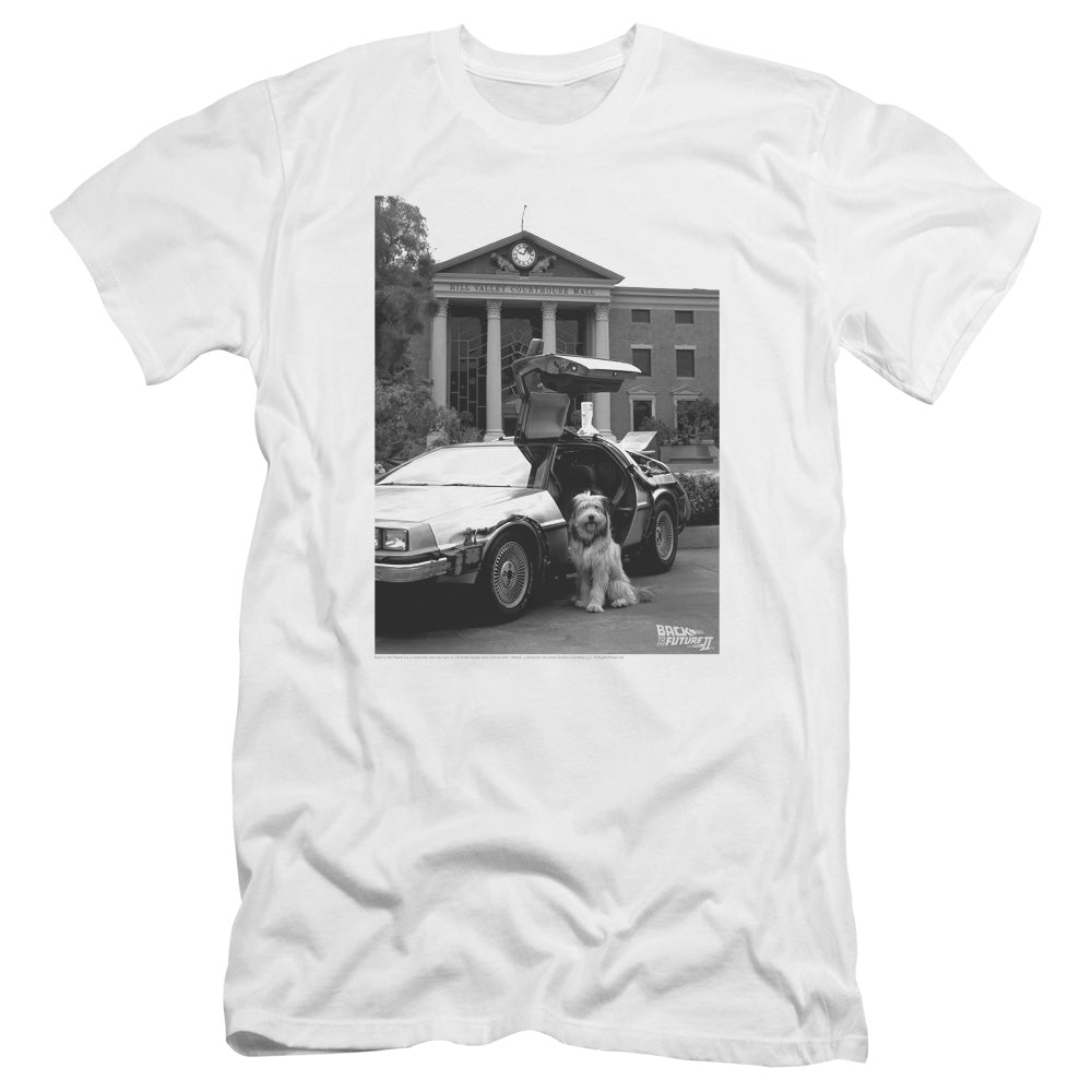 AN OFFCIALLY LICENSED BACK TO THE FUTURE II EINSTEIN MEN'S PREMIUM SLIM FIT T-SHIRT WHITE