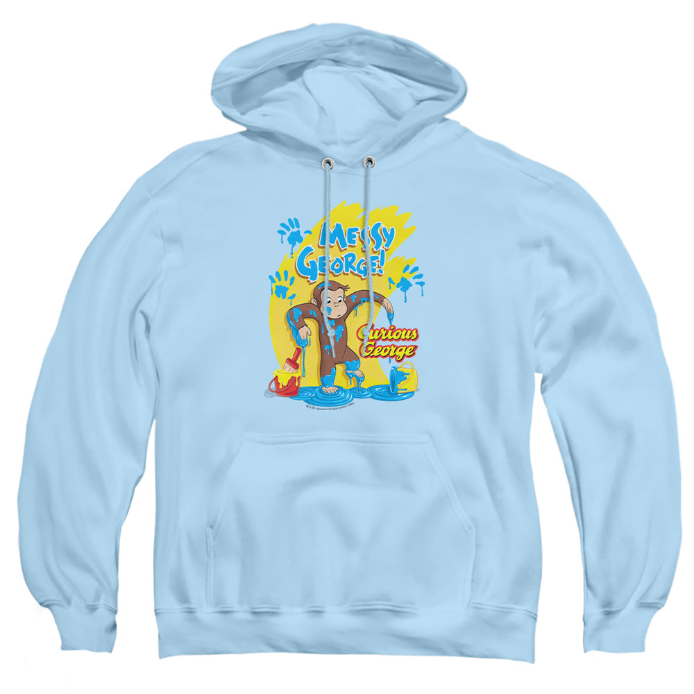 AN OFFCIALLY LICENSED CURIOUS GEORGE MESSY GEORGE ADULT UNISEX PULLOVER HOODIE LIGHT BLUE