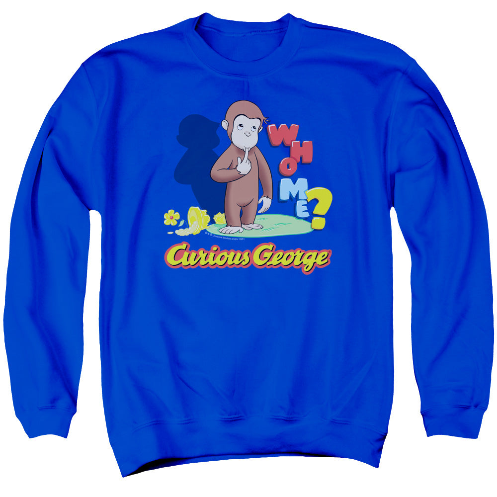 AN OFFCIALLY LICENSED CURIOUS GEORGE WHO ME ADULT UNISEX CREWNECK SWEATSHIRT ROYAL