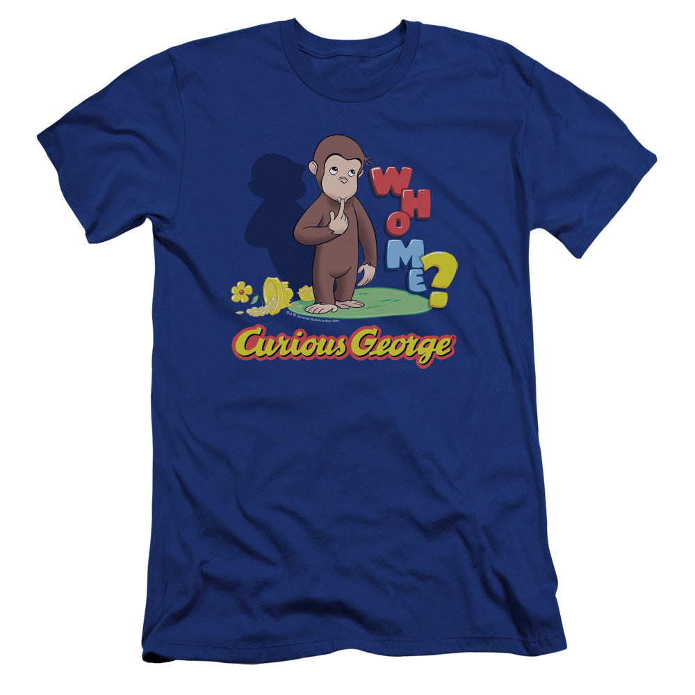 AN OFFCIALLY LICENSED CURIOUS GEORGE WHO ME MEN'S PREMIUM SLIM FIT T-SHIRT ROYAL
