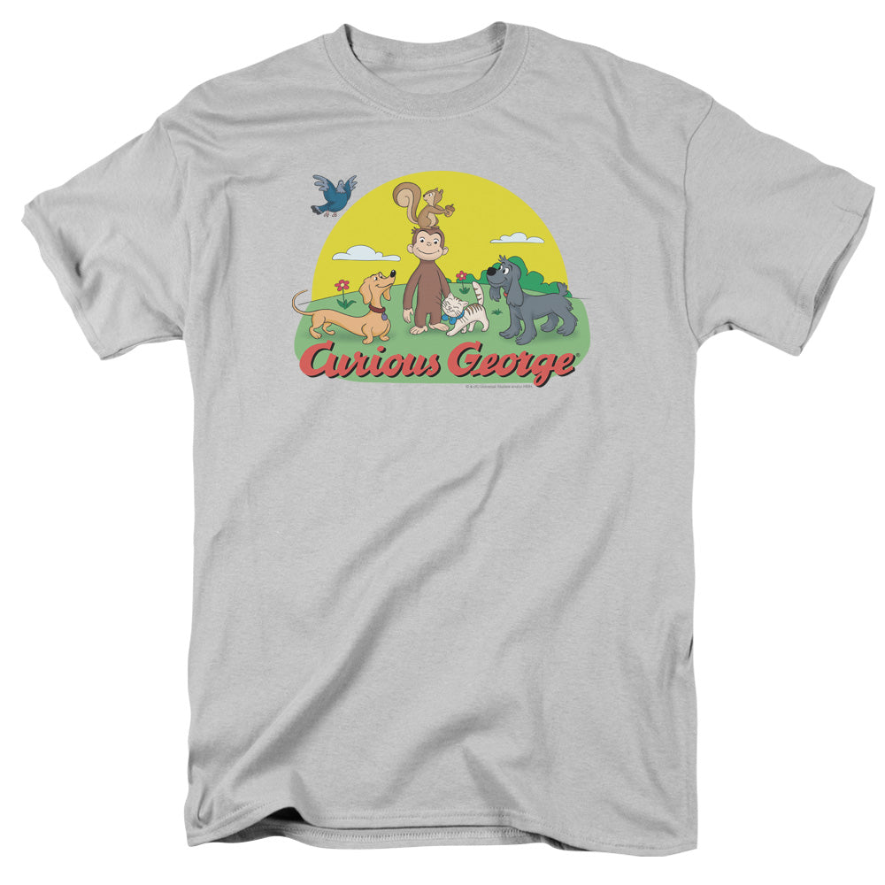 AN OFFCIALLY LICENSED CURIOUS GEORGE SUNNY FRIENDS MEN'S REGULAR FIT T-SHIRT SILVER