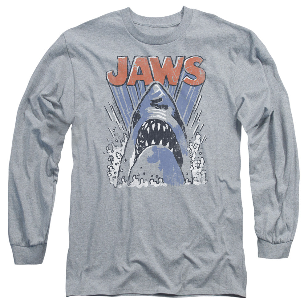 AN OFFCIALLY LICENSED JAWS COMIC SPLASH MEN'S LONG SLEEVE T-SHIRT ATHLETIC HEATHER