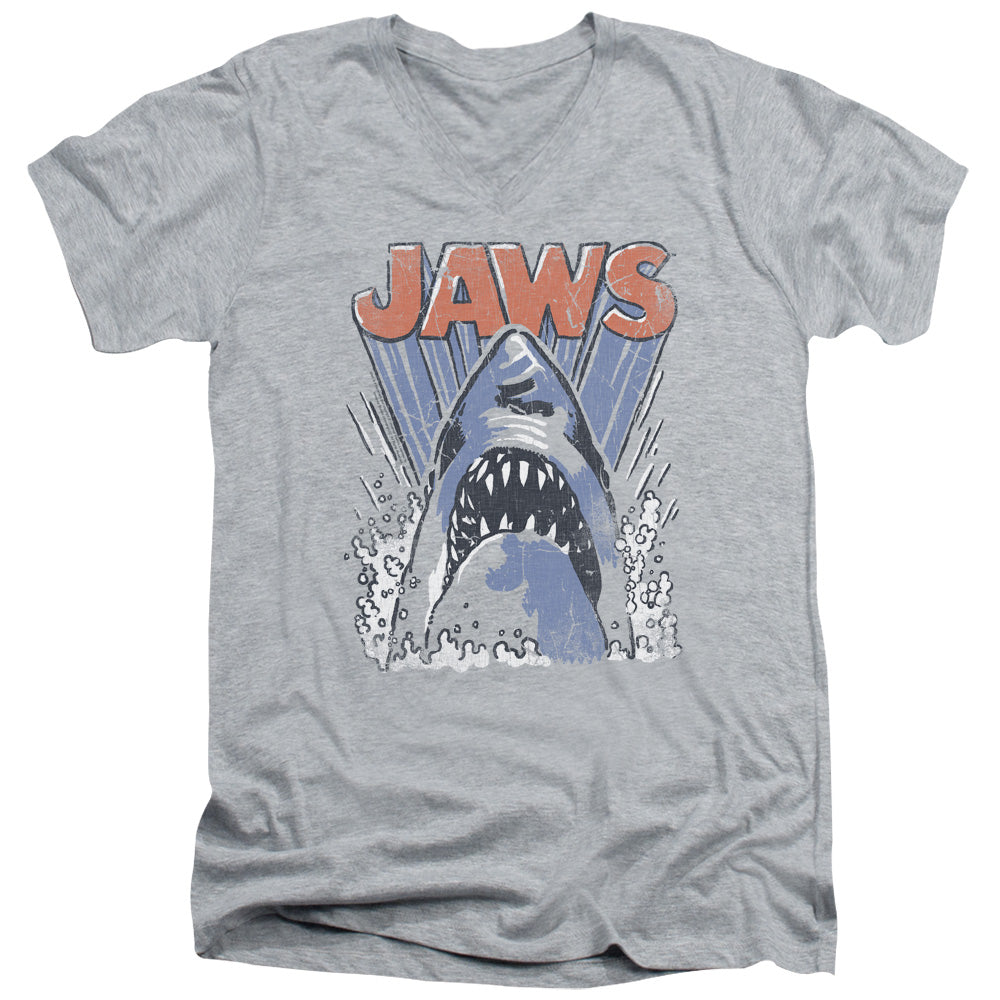 AN OFFCIALLY LICENSED JAWS COMIC SPLASH MEN'S V-NECK T-SHIRT ATHLETIC HEATHER