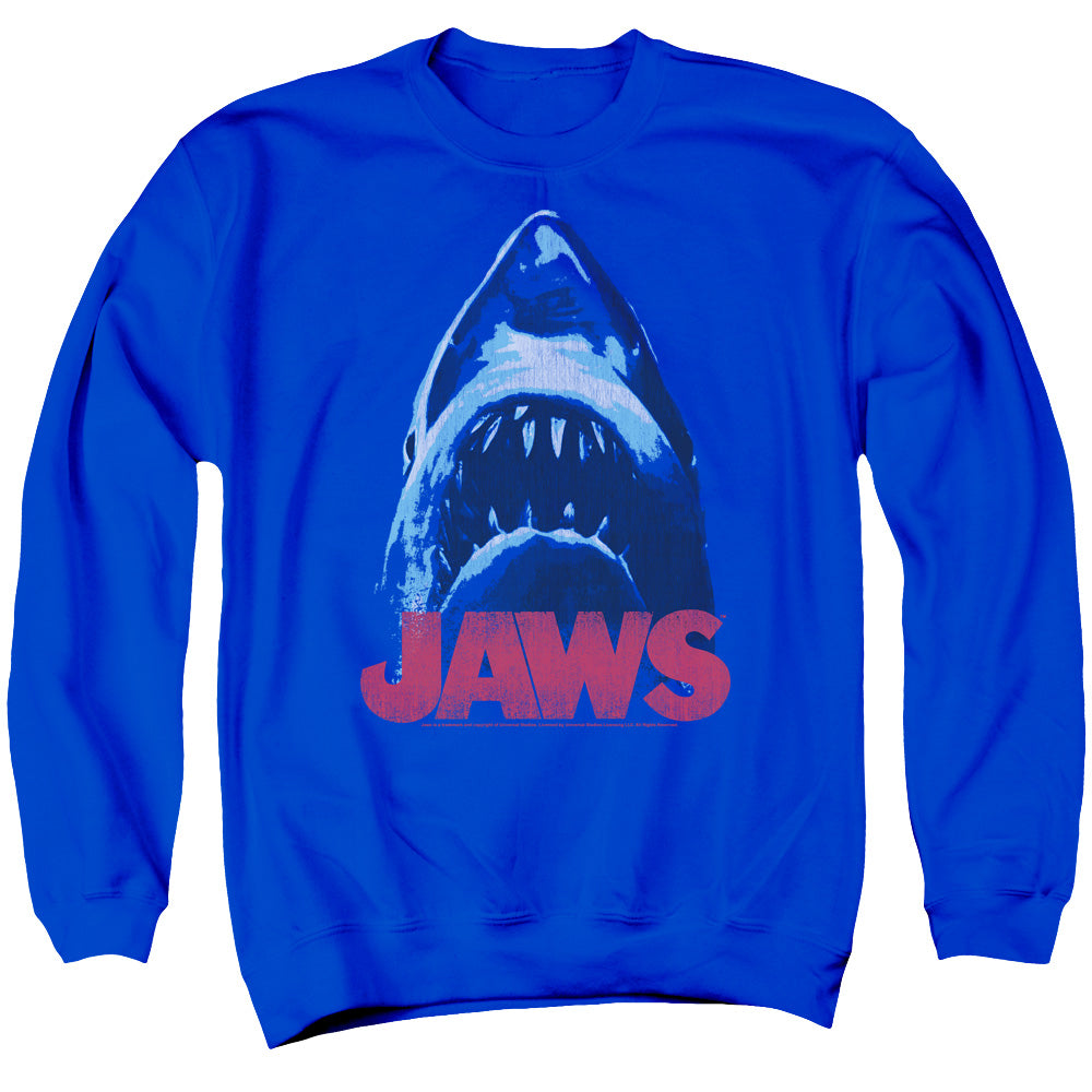 AN OFFCIALLY LICENSED JAWS FROM BELOW ADULT UNISEX CREWNECK SWEATSHIRT ROYAL
