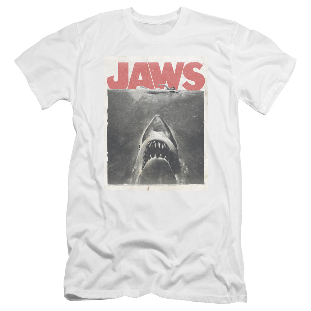 AN OFFCIALLY LICENSED JAWS CLASSIC FEAR MEN'S PREMIUM SLIM FIT T-SHIRT WHITE