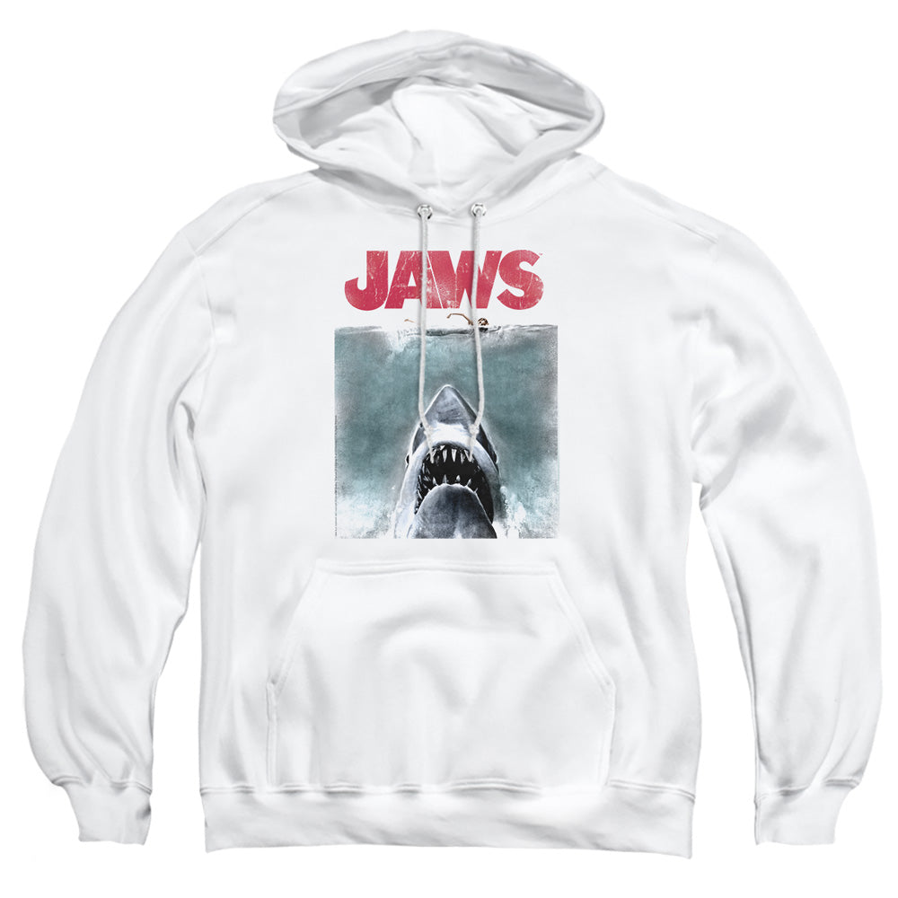 AN OFFCIALLY LICENSED JAWS VINTAGE POSTER ADULT UNISEX PULLOVER HOODIE WHITE