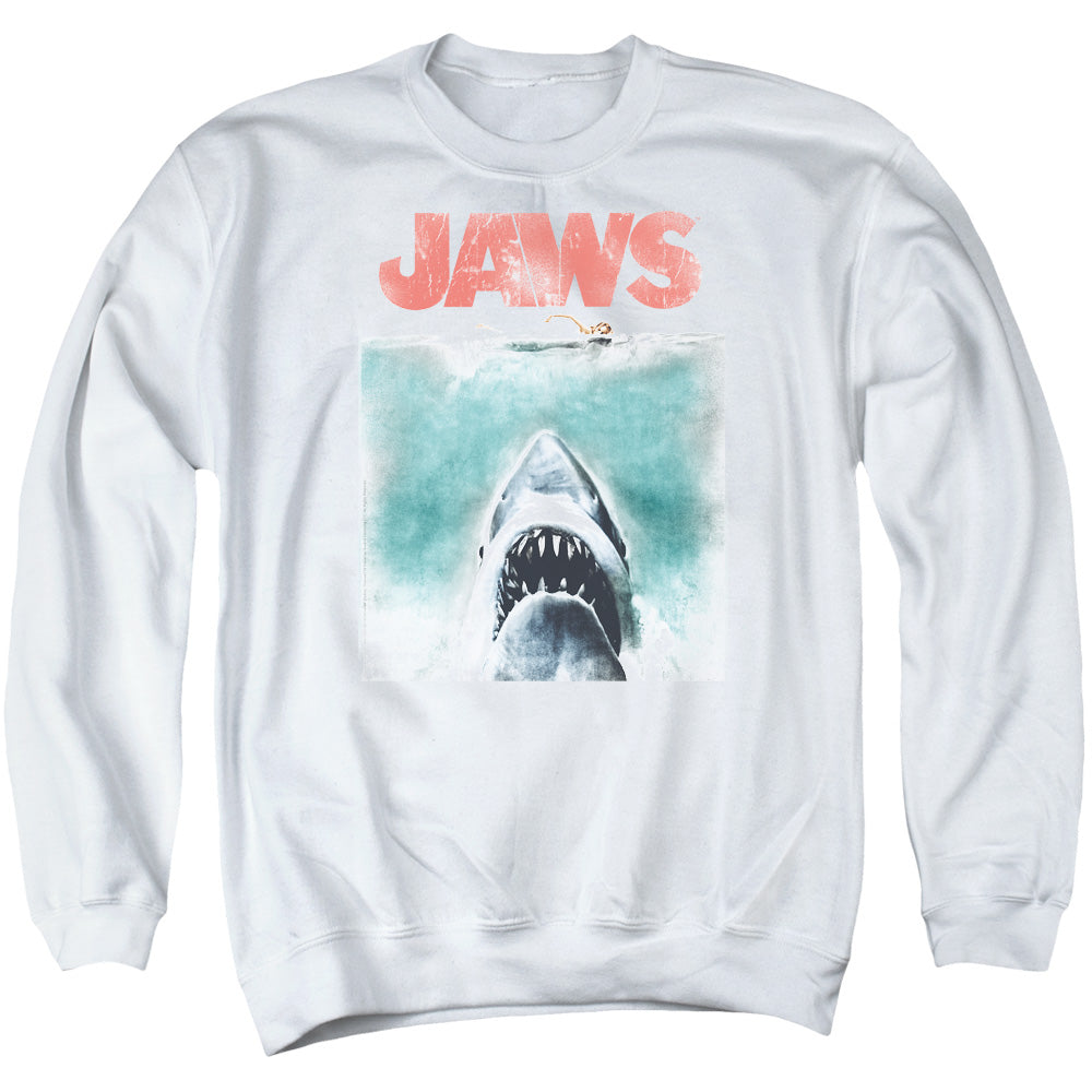AN OFFCIALLY LICENSED JAWS VINTAGE POSTER ADULT UNISEX CREWNECK SWEATSHIRT WHITE