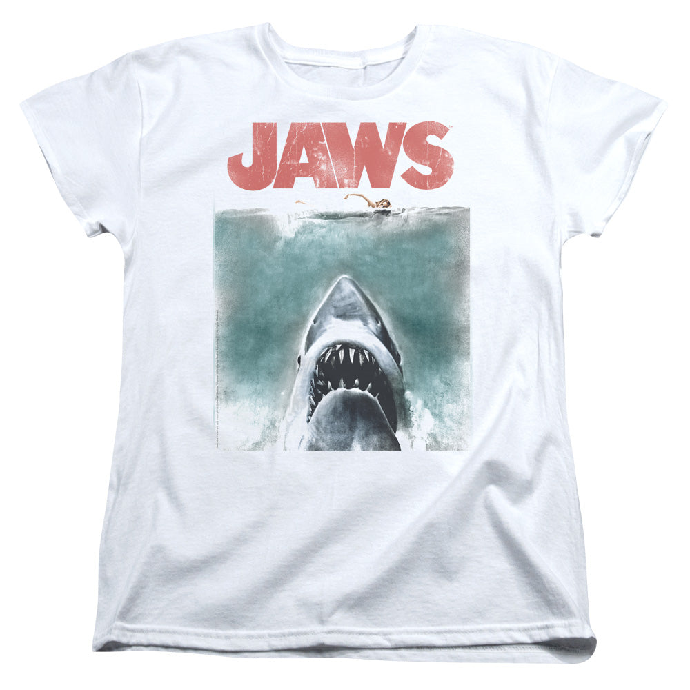AN OFFCIALLY LICENSED JAWS VINTAGE POSTER WOMEN'S REGULAR FIT T-SHIRT WHITE