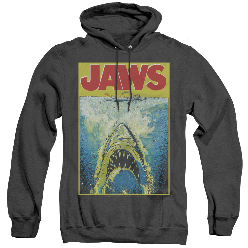 AN OFFCIALLY LICENSED JAWS BRIGHT JAWS ADULT UNISEX HEATHER PULLOVER HOODIE BLACK