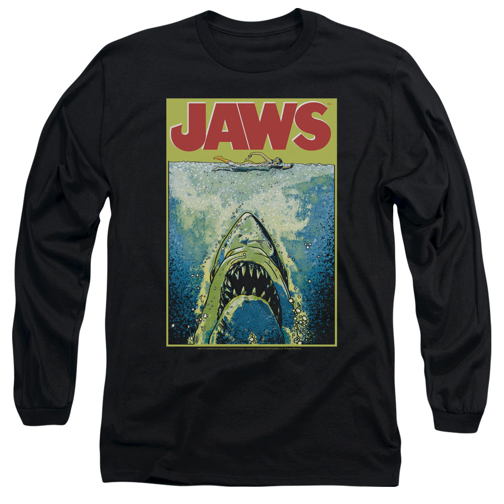 AN OFFCIALLY LICENSED JAWS BRIGHT JAWS MEN'S LONG SLEEVE T-SHIRT BLACK