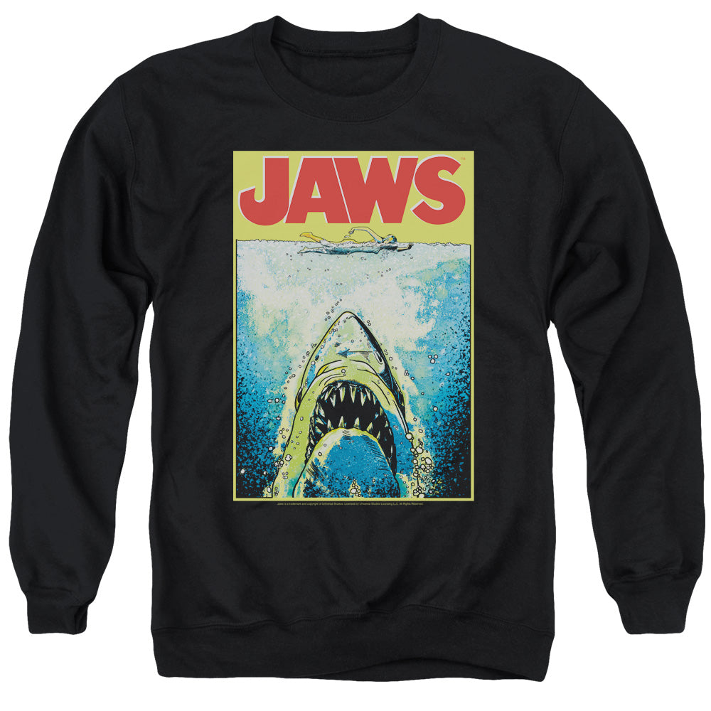 AN OFFCIALLY LICENSED JAWS BRIGHT JAWS ADULT UNISEX CREWNECK SWEATSHIRT BLACK