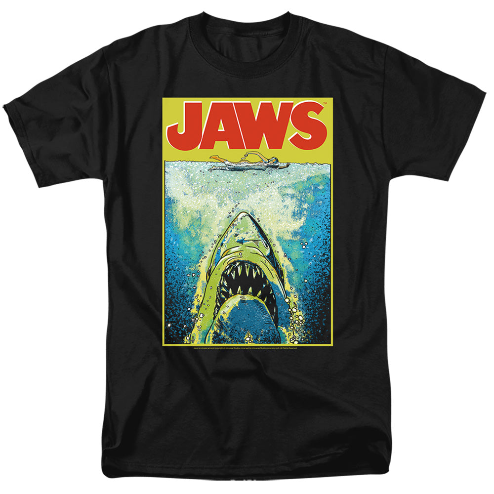 AN OFFCIALLY LICENSED JAWS BRIGHT JAWS MEN'S REGULAR FIT T-SHIRT BLACK