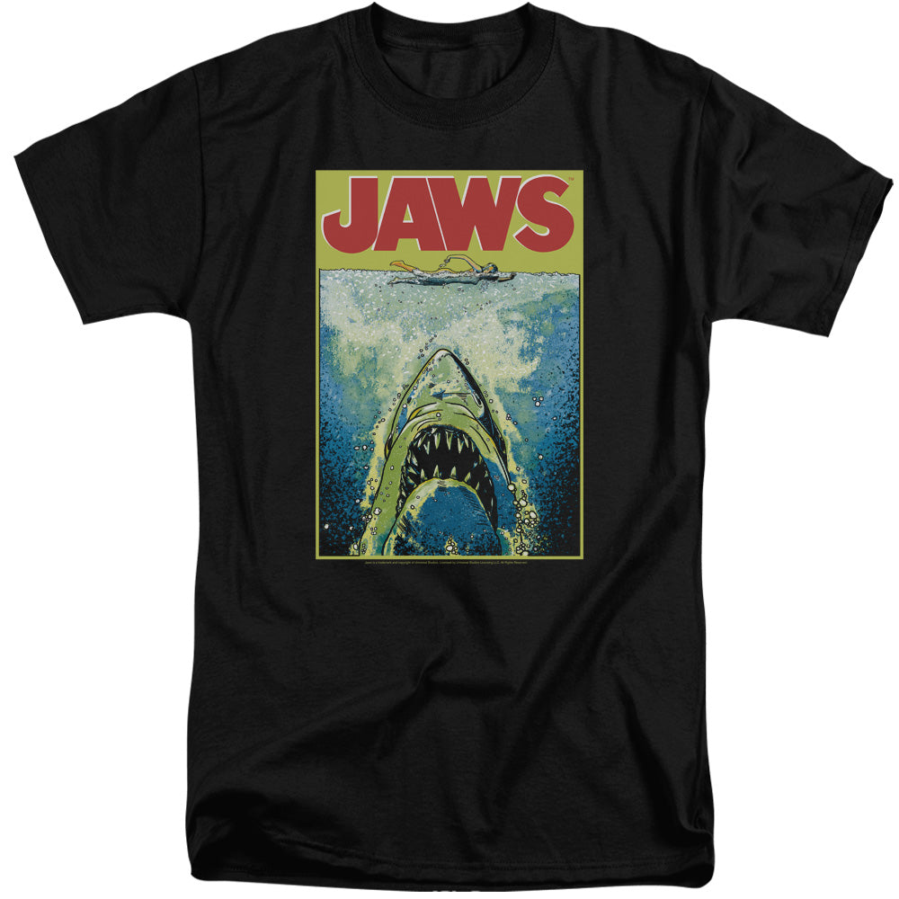 AN OFFCIALLY LICENSED JAWS BRIGHT JAWS MEN'S TALL FIT T-SHIRT BLACK