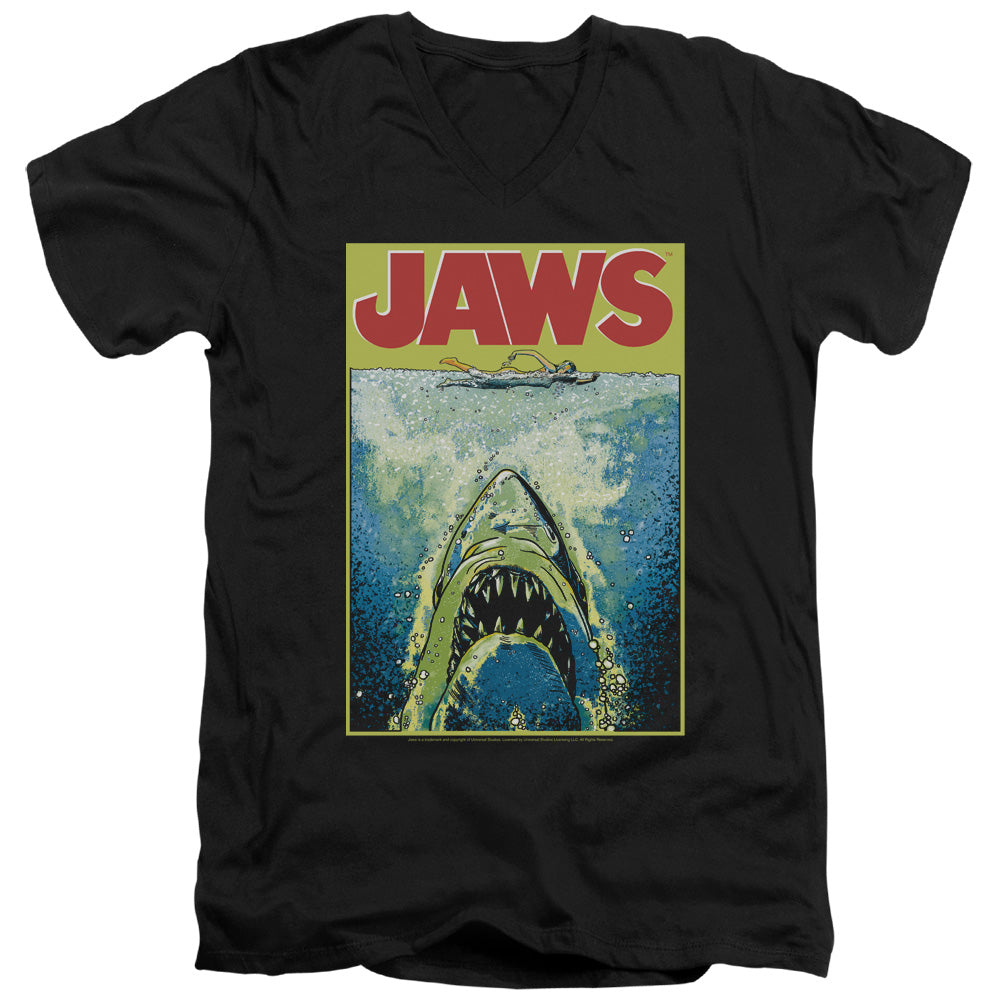 AN OFFCIALLY LICENSED JAWS BRIGHT JAWS MEN'S V-NECK T-SHIRT BLACK