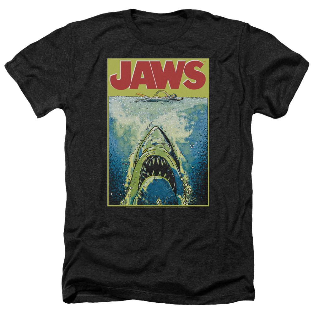 AN OFFCIALLY LICENSED JAWS BRIGHT JAWS MEN'S HEATHER T-SHIRT CHARCOAL
