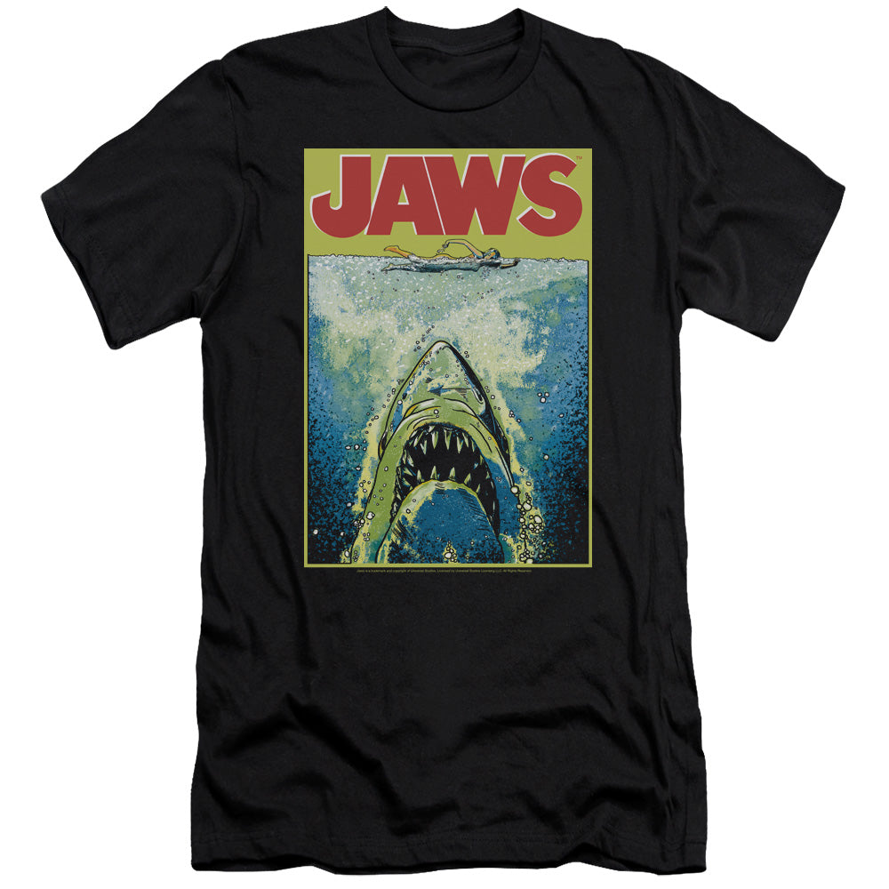 AN OFFCIALLY LICENSED JAWS BRIGHT JAWS MEN'S PREMIUM SLIM FIT T-SHIRT BLACK