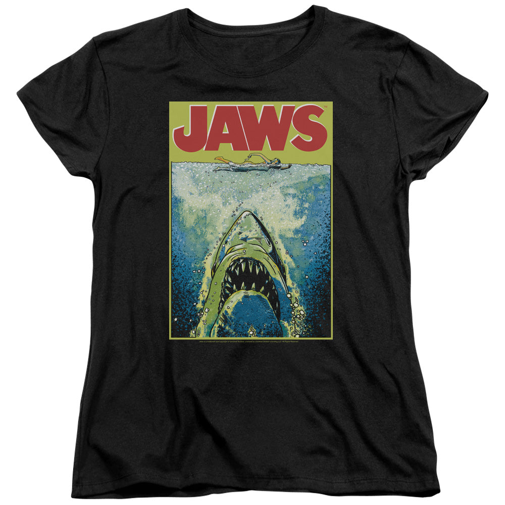 AN OFFCIALLY LICENSED JAWS BRIGHT JAWS WOMEN'S REGULAR FIT T-SHIRT BLACK