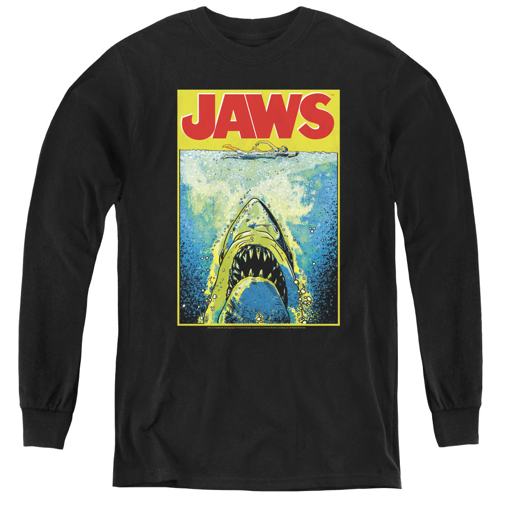 AN OFFCIALLY LICENSED JAWS BRIGHT JAWS YOUTH LONG SLEEVE T-SHIRT BLACK