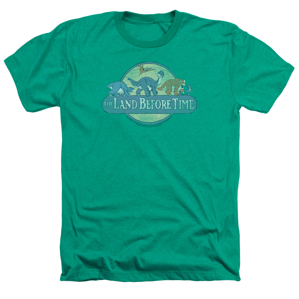 AN OFFCIALLY LICENSED LAND BEFORE TIME RETRO LOGO MEN'S HEATHER T-SHIRT KELLY GREEN