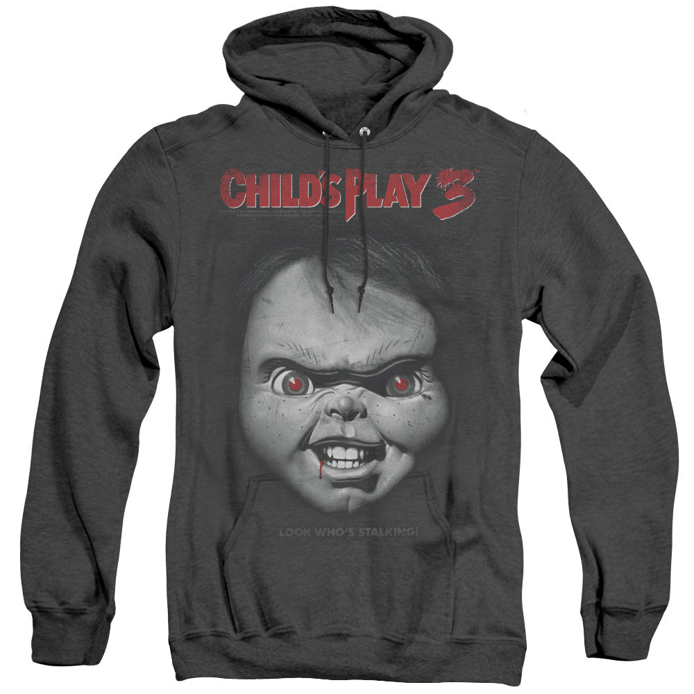 AN OFFCIALLY LICENSED CHILDS PLAY 3 FACE POSTER ADULT UNISEX HEATHER PULLOVER HOODIE BLACK