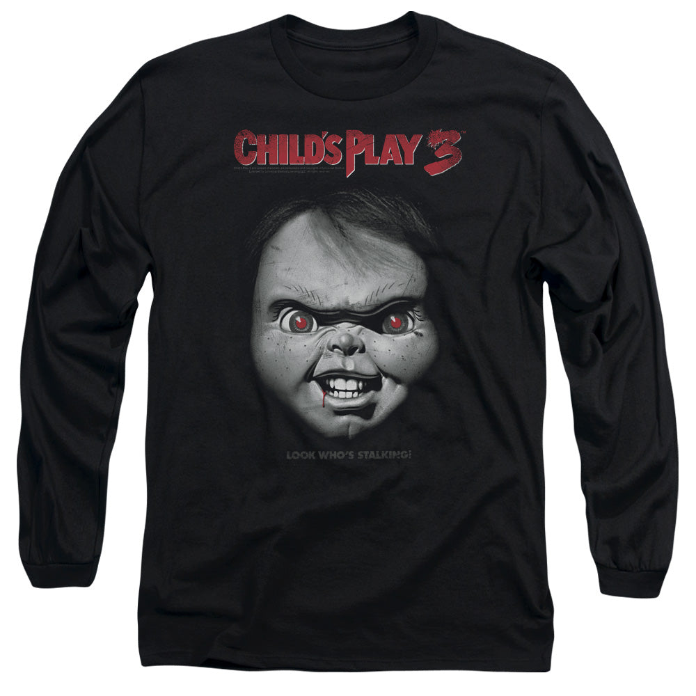 AN OFFCIALLY LICENSED CHILDS PLAY 3 FACE POSTER MEN'S LONG SLEEVE T-SHIRT BLACK