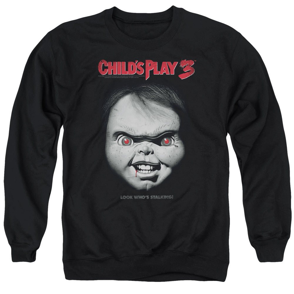AN OFFCIALLY LICENSED CHILDS PLAY 3 FACE POSTER ADULT UNISEX CREWNECK SWEATSHIRT BLACK