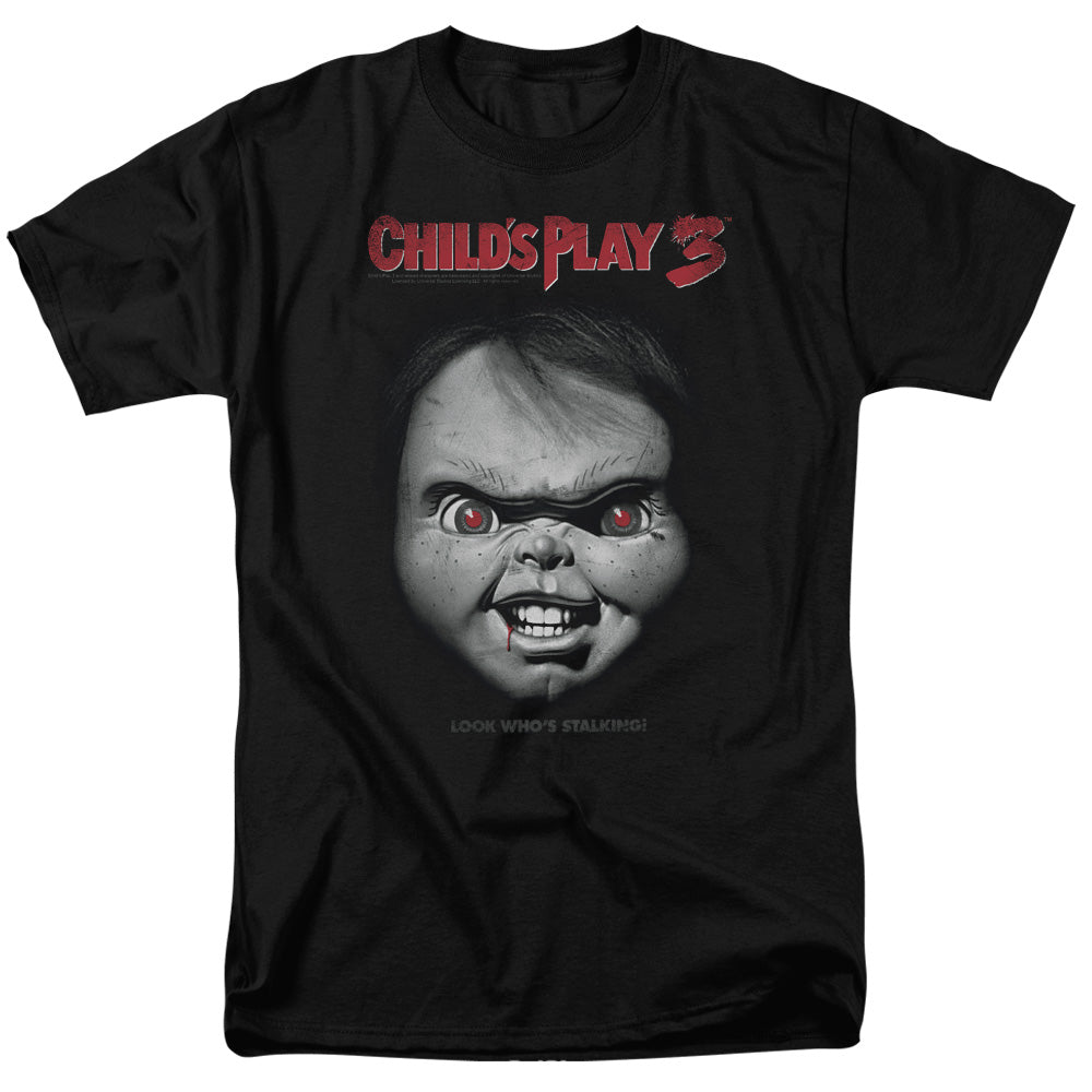 AN OFFCIALLY LICENSED CHILDS PLAY 3 FACE POSTER MEN'S REGULAR FIT T-SHIRT BLACK