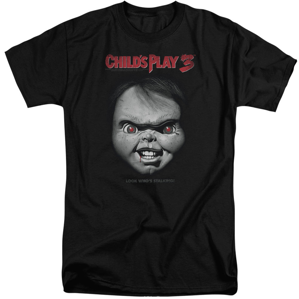 AN OFFCIALLY LICENSED CHILDS PLAY 3 FACE POSTER MEN'S TALL FIT T-SHIRT BLACK