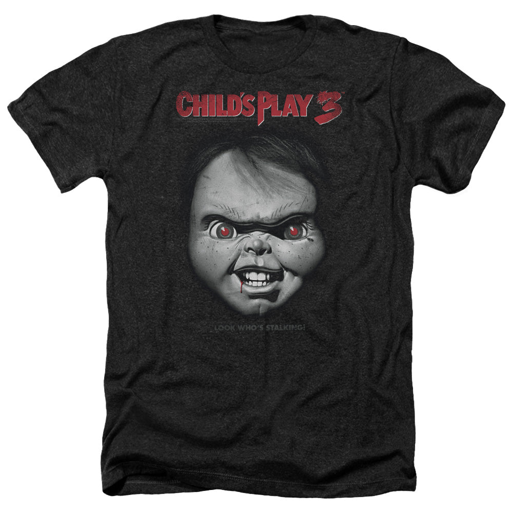 AN OFFCIALLY LICENSED CHILDS PLAY 3 FACE POSTER MEN'S HEATHER T-SHIRT CHARCOAL