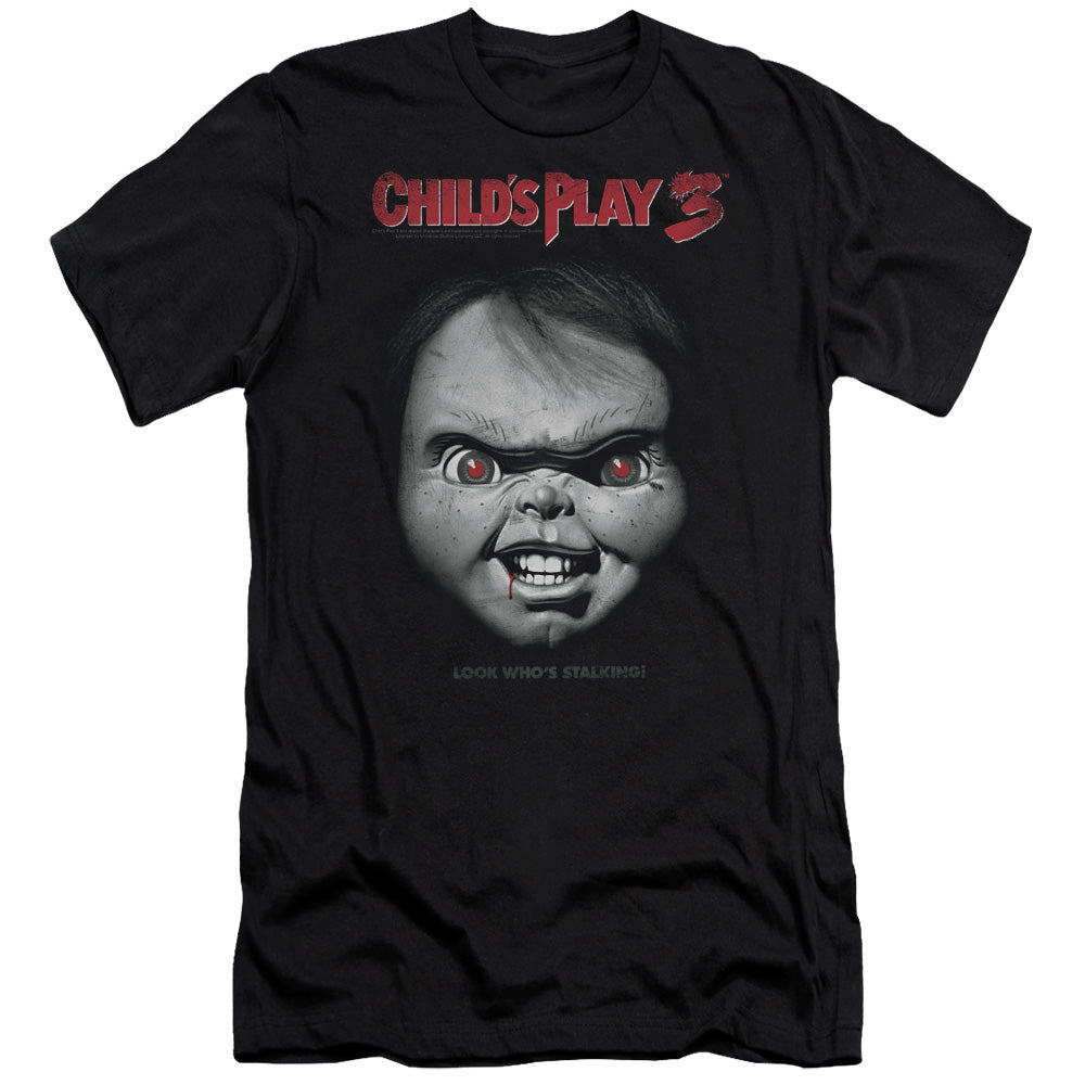 AN OFFCIALLY LICENSED CHILDS PLAY 3 FACE POSTER MEN'S PREMIUM SLIM FIT T-SHIRT BLACK