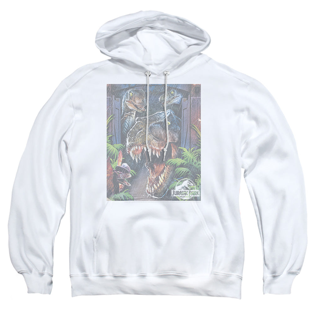 AN OFFCIALLY LICENSED JURASSIC PARK GIANT DOOR ADULT UNISEX PULLOVER HOODIE WHITE