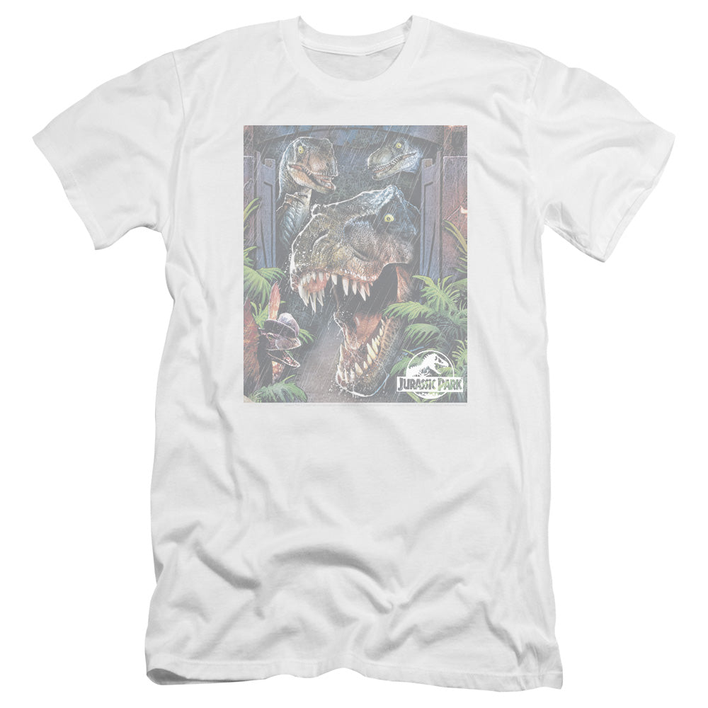 AN OFFCIALLY LICENSED JURASSIC PARK GIANT DOOR MEN'S PREMIUM SLIM FIT T-SHIRT WHITE