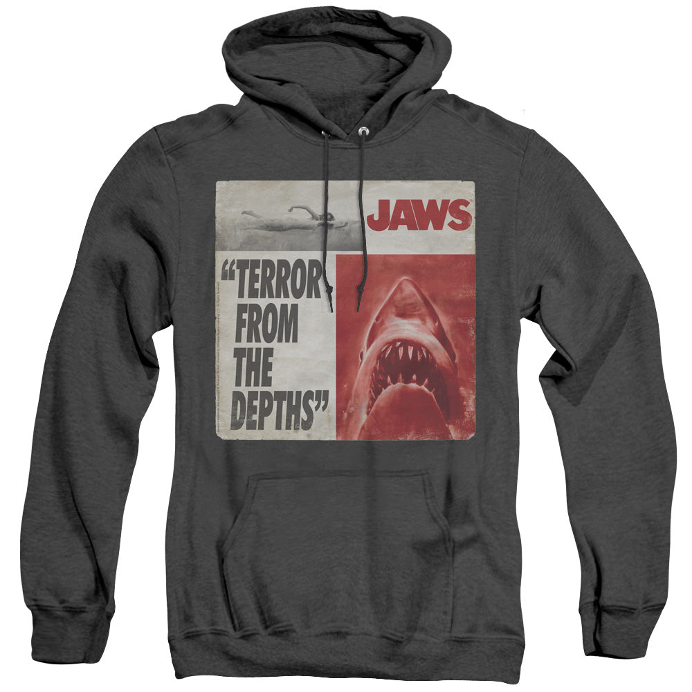 AN OFFCIALLY LICENSED JAWS TERROR ADULT UNISEX HEATHER PULLOVER HOODIE BLACK
